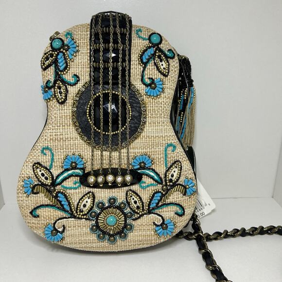 Mary Frances Unplugged Cream Woven and NWT Turquoise Beaded Guitar Bag *RARE - Picture 11 of 16